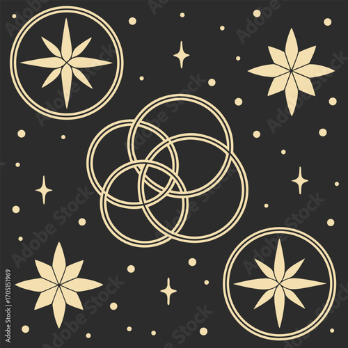 Interlocking Rings and Starbursts on Dark Background
