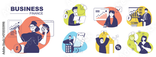 Business and finance concept set for web design. Collection with people making financial analysis, brainstorming and finding solutions for project improvement, increasing profit. Vector illustration.