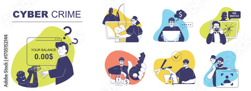 Cyber crime concept set for web design. Collection with people suffering from hacking credit cards and stealing money, phishing passwords, hackers attacks, scam and spy online. Vector illustration.