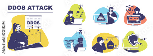 DDoS attack concept set for web design. Collection with people suffering from danger overload network traffic and threat safety system, trying protection form hacker viruses. Vector illustration.