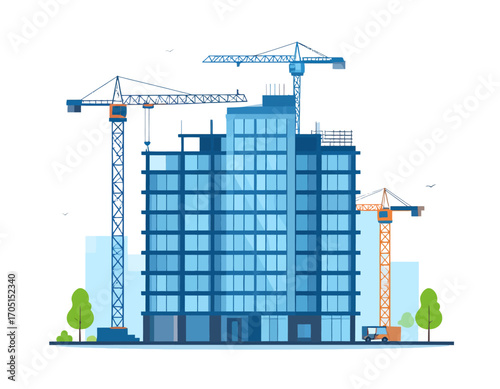 A modern high-rise building under construction, surrounded by tall tower cranes against a city skyline.