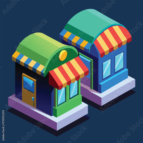 Isometric Cartoon Shops with Striped Awnings stores