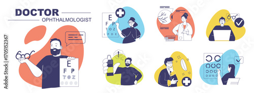 Doctor ophthalmologist concept set for web design. Collection with people visiting eye clinic for eyesight tests, getting correction appointment, specialist doing vision research. Vector illustration.