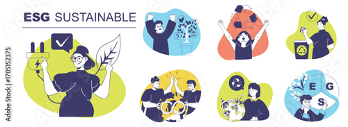 ESG sustainable concept set for web design. Collection with people doing responsibility businesses with circular economy, environmental protection, green innovation and recycling. Vector illustration.