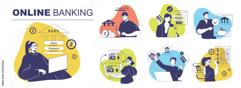 custom made wallpaper toronto digitalOnline banking concept set for web design. Collection with people managing financial account and money at credit cards, making deposits, transferring and exchange currency in app. Vector illustration.