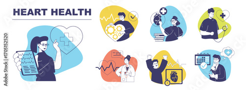 Heart health concept set for web design. Collection with people doing cardio check up, measuring blood pressure and heartbeat, cardiologist research cardiogram, making diagnosis. Vector illustration.