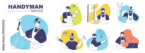 Handyman service concept set for web design. Collection with people doing house repair, installing windows, painting walls, electrician fixing lamps, technician working in house. Vector illustration.