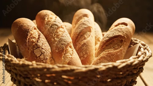A basket of warm crusty baguettes rests on a wooden table steam rising