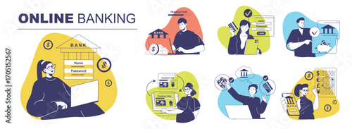 Online banking concept set for web design. Collection with people managing financial account and money at credit cards, making deposits, transferring and exchange currency in app. Vector illustration.