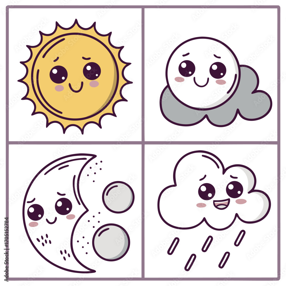 Obraz premium Kawaii Style Sun Moon and Clouds with Faces rain weather