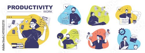 Productivity work concept set for web design. Collection with people planning and organizing schedule lists, doing work tasks to deadline, using multitasking in workflow process. Vector illustration.