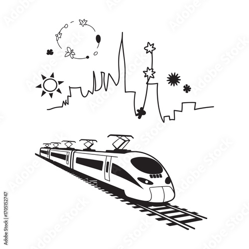 Modern Train Journey Amidst a Whimsical Cityscape a Blend of Transportation and Artistic Imagination in Black and White