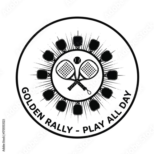 A circular logo featuring crossed padel rackets and a ball, surrounded by radiating lines and smaller racket icons, with the text "GOLDEN RALLY - PLAY ALL DAY" inscribed around the perimeter.