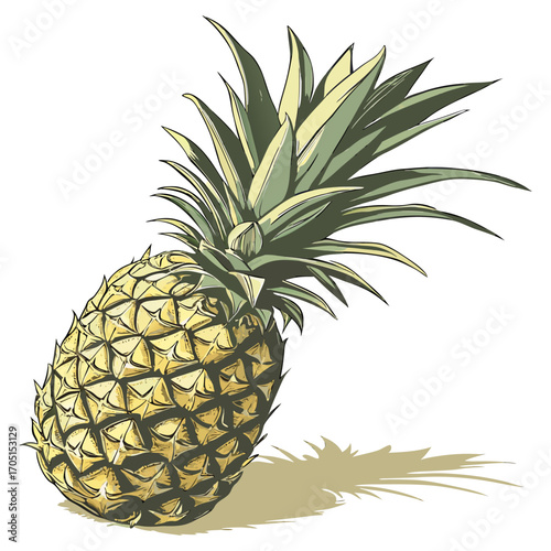 Create a high-resolution, realistic image of a whole pineapple standing upright on a white or neutral background. The pineapple should have a rough, spiky texture on the outer skin with a golden-yello