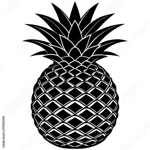 Create a high-resolution, realistic image of a whole pineapple standing upright on a white or neutral background. The pineapple should have a rough, spiky texture on the outer skin with a golden-yello