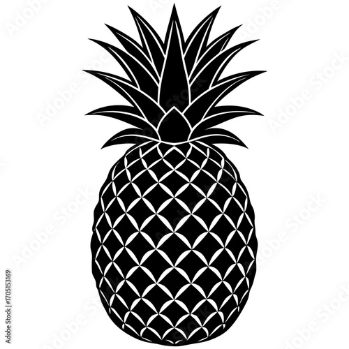 Create a high-resolution, realistic image of a whole pineapple standing upright on a white or neutral background. The pineapple should have a rough, spiky texture on the outer skin with a golden-yello