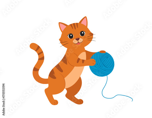 Adorable orange tabby cat playfully holding a ball of blue yarn, perfect for pet-themed designs and children's illustrations