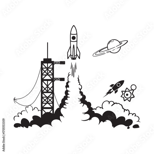 Whimsical Rocket Launch Illustration Energetic Black and White Image of Space Exploration and Cosmic Adventure Depicting Planets and Exploration