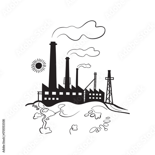 Industrial Landscape Illustration Showing Pollution with Factory, Chimneys, Smoke, and a Dying Plant under the Hot Sun
