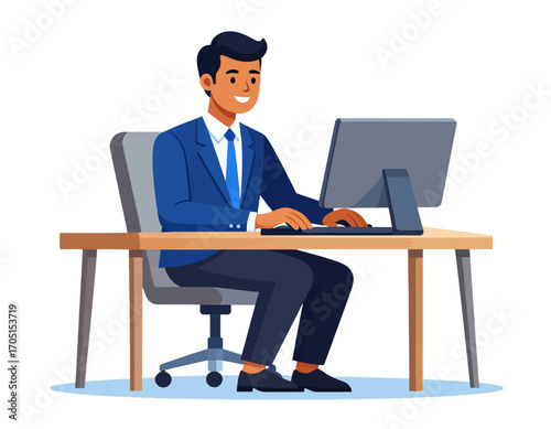 An illustration of a successful young businessman in a blue suit working cheerfully at his office computer
