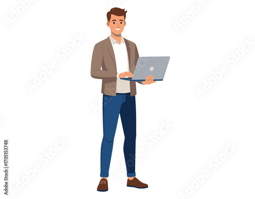 Digital illustration of a modern young man confidently holding a laptop, representing remote work, online learning, and technology integration for business and lifestyle pursuits