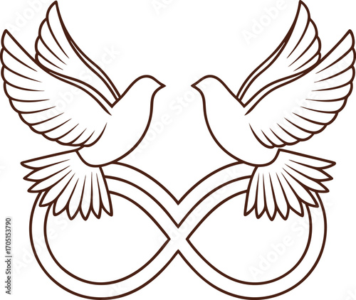 Elegant infinity symbol with two majestic doves flying together symbolizing eternal love dove peace logo