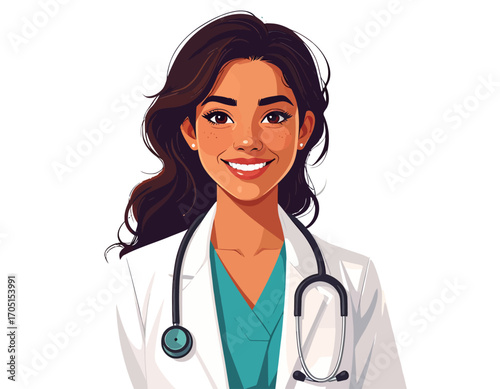 Vibrant, digitally rendered illustration of a friendly and confident female doctor, embodying modern healthcare professionalism with a warm, approachable smile and expert medical presence