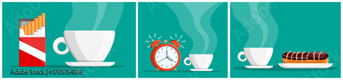 Set of coffee cup with cigarette pack, alarm clock, and eclair. Morning drink and breakfast icons. Cafe menu element for web design.