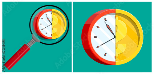 Red magnifying glass on a set of clock and dollar coin representing time is money concept. Flat design for business or finance.