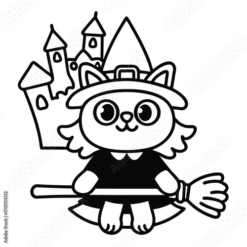 Cartoon Cat Witch with Broomstick and Castle on White Background vector flying