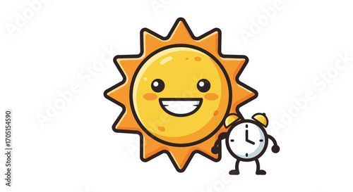 Cute smiling sun cartoon with clock