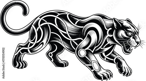 Black panther with tribal markings walking animal wild