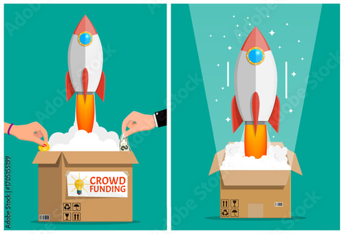 Woman and man hands investing money into crowdfunding box with rocket launching from it. Startup business concept with financial support.