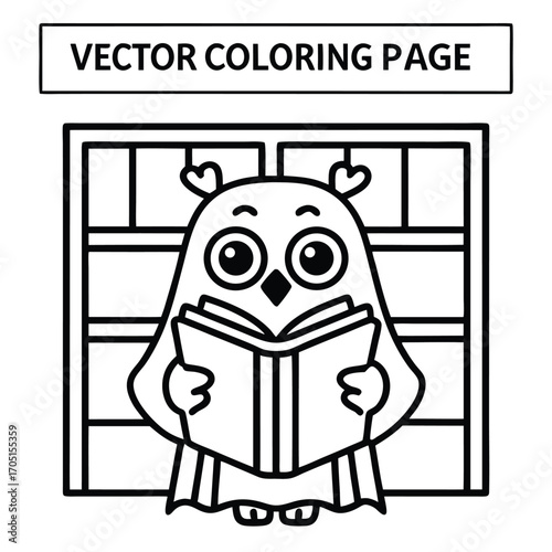 Cartoon Owl Reading a Book in Front of a Bookshelf coloring keywords