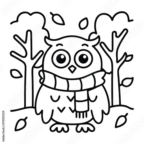 Cartoon Owl Wearing a Scarf in an Autumn Forest keywords cute