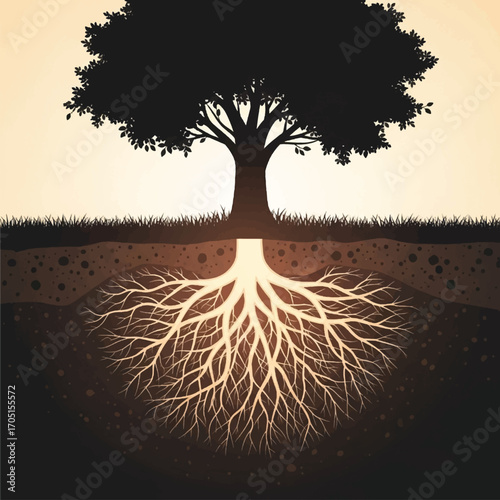 Beautiful Silhouette of Tree with Visible Roots in Cross-Section