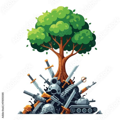 battle of nature and machinery with a towering tree