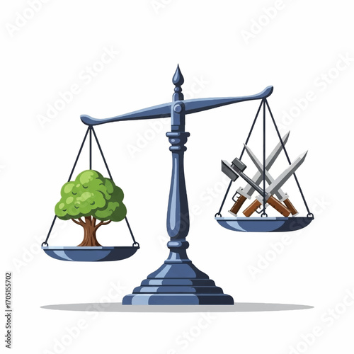 balanced scales of justice with tree and swords