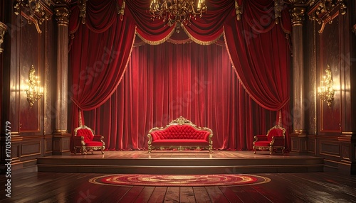 Opulent stage with red curtains, a plush sofa, ornate chairs, wooden floor, and gilded accents, under a chandelier