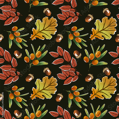 Autumn pattern with acorns, sea buckthorn and oak leaves. Vector illustration