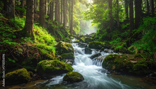 Lush Forest Stream with Mossy Rocks and Sunlight Filtering Through Trees in a Sunny Day Landscape