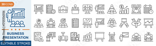 Business presentation line editable icon set collection. Seminar, presentation, meeting, whiteboard, conference, business plan and more. Vector illustration Eps 10