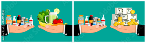 Hand holding medication bottles and hand holding healthy food vs hand holding medication bottles and hand holding money. Healthcare cost and choice concept.