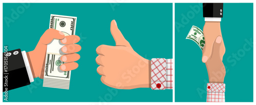 Man hand holding stack of money banknotes, gesturing thumbs up, and slipping a banknote. Concept of bribery, corruption and success.