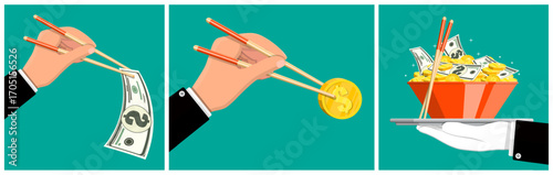 Man with chopsticks picks up money from a bowl of cash. Investment growth and wealth concept. Financial abundance and success.
