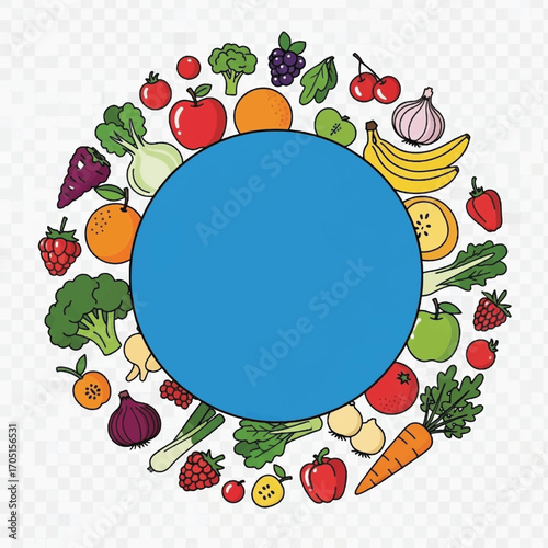 assorted fresh vegetables and fruits arranged in a circle