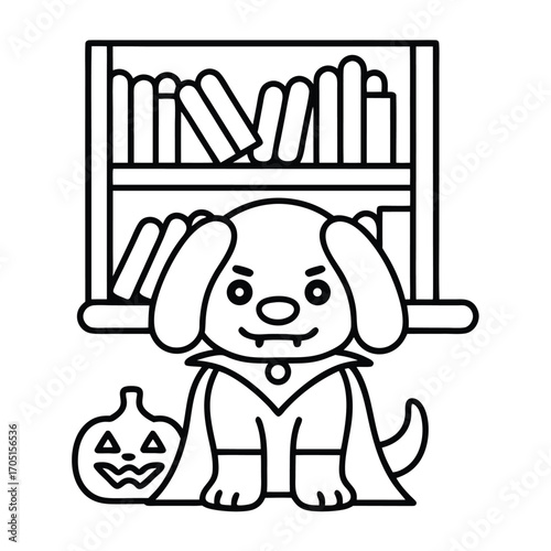 Cartoon vampire dog with a book shelf and pumpkin line art animal Halloween