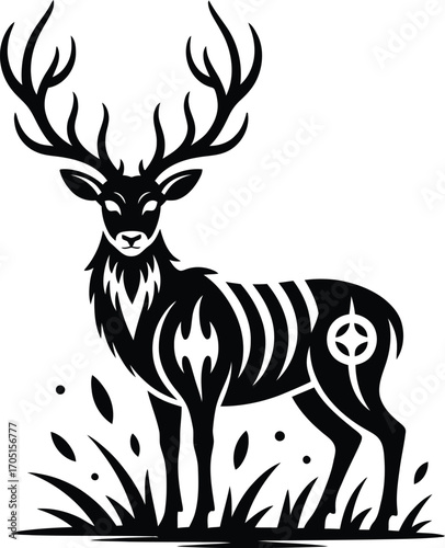 Black silhouette of a stag with ornate antlers and tribal markings