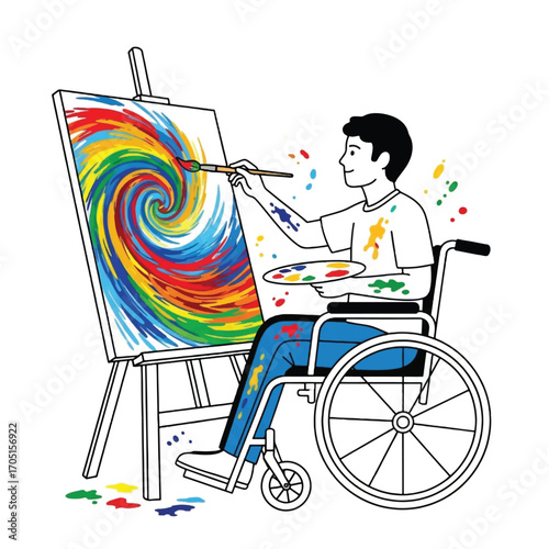 Artist in Wheelchair Creating Vibrant Abstract Painting