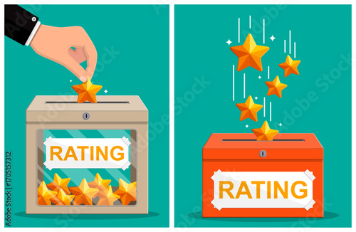 Man placing a gold star into a rating box and another box overflowing with stars. Customer satisfaction and feedback concept.